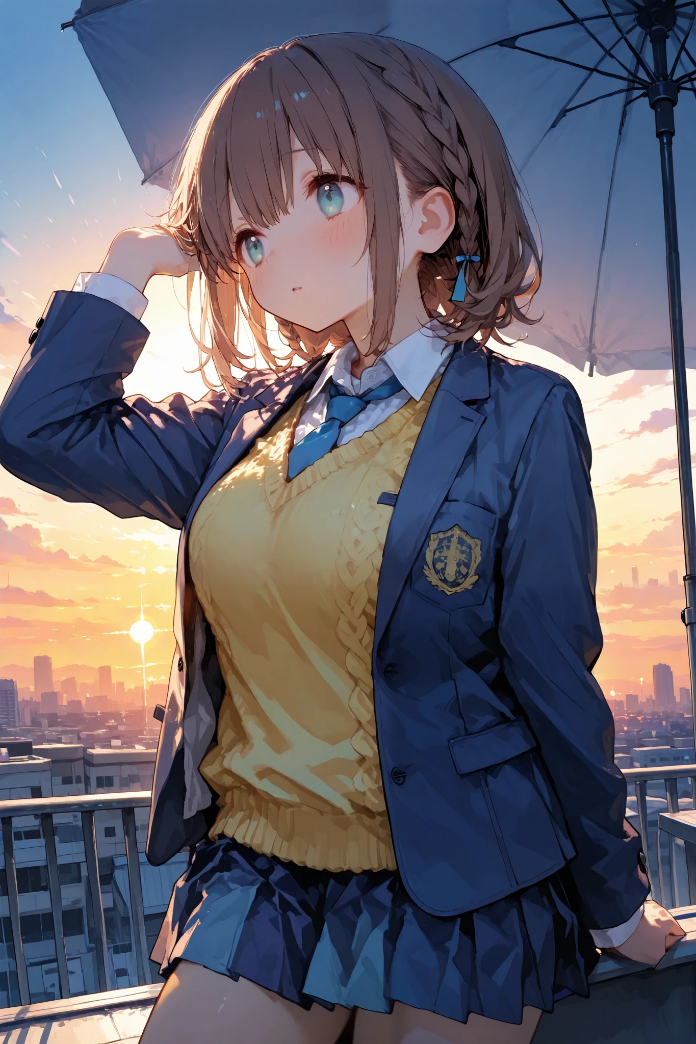explicit,1girl\(ai-chan \(tawawa\)\),solo, brown hair, braid,cyan eyes,blue blazer, yellow sweater vest, blue necktie, blue skirt,(look at away), standing under a large umbrella light, backlight, evening sunset, rooftop scene, city skyline in the distance, warm atmosphere, sunlight glow, detailed shading, soft lighting, anime style, Dynamic Lighting, Airbrushing, Sun Rays, high quality, ultra-detailed,masterpiece, best quality, 8k, highres, ultra-detailed,HDR, UHD, studio lighting, ultra-fine painting, sharp focus, physically-based rendering, extreme detail description, professional, vivid colors,perfect composition, raw atmosphere, highest quality, intricate details,