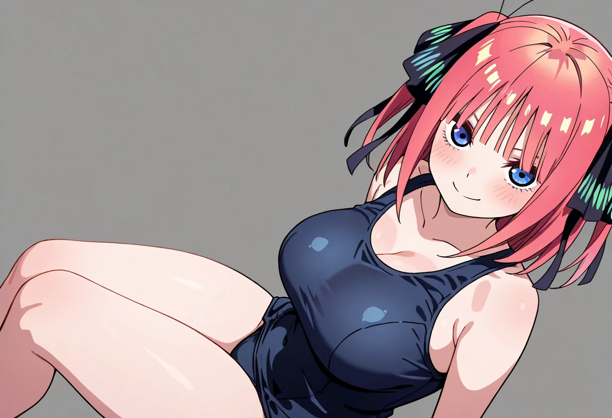 best quality, ultra-detailed masterpiece, anime art style, cute characters, nino nakano, one-piece swimsuit, large breasts, pantyhose, open legs, back