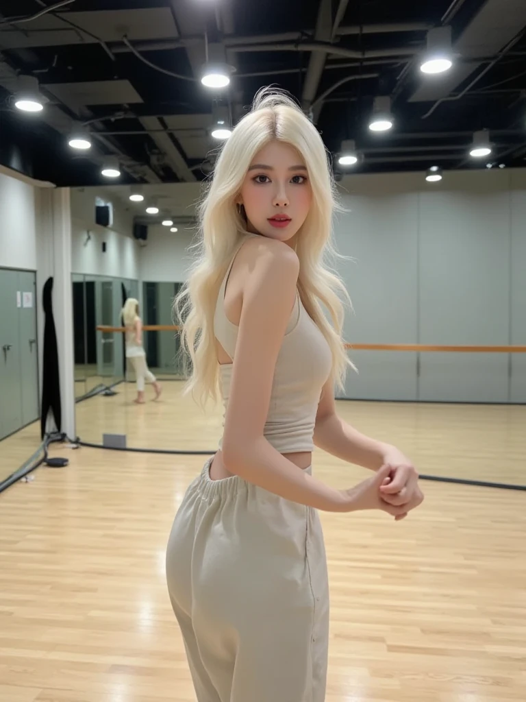 1girl, (Blue Eyes), (smiling :1.2), (Sana Minatozaki), wide hips, Big tits, big ass, toned legs, shiny body, (Best Quality, 8k, Masterpiece: 1.3), Clear Focus: 1.2, Perfect Body Beauty: 1.4, strong abs, Highly detailed face and skin texture, detailed eyes, double eyelids, (blond long straight hair :1.2), (black sportswear :1.3), standing, look back, ((arms up :1.1)), view from back, in a room with wooden floors, exercise machines in the background
