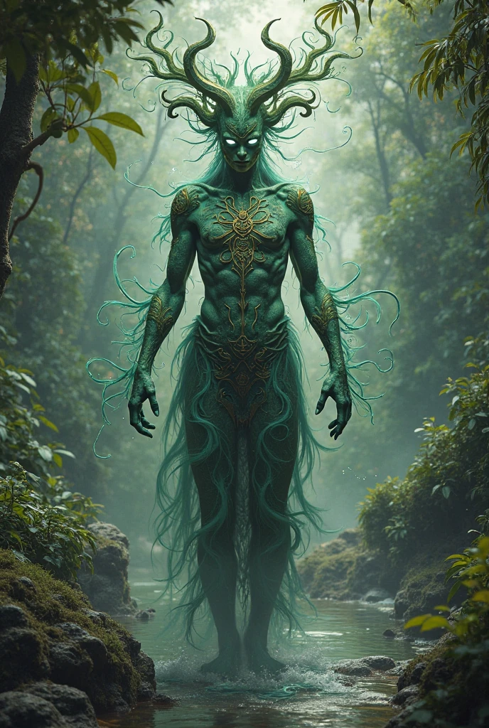 The spirit of the forest has an astral form with a green aura., green skin tone, her hair made of ivy, his yellow eyes.