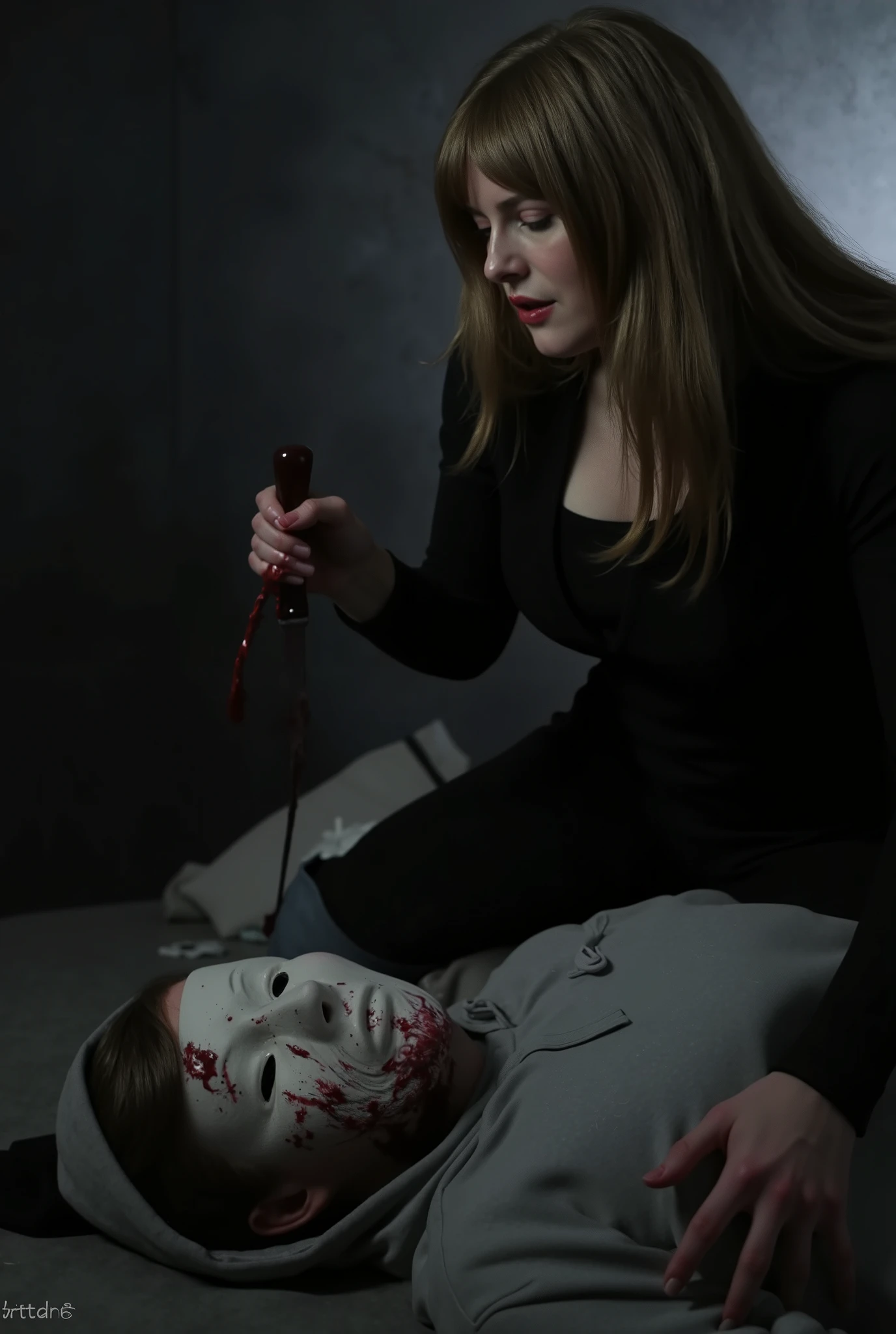 Realistic, A Very beautiful woman, woman very thick hair, boy hoodie, woman kill boy, woman very big breast, woman slaughters boy neck like a lamb, boy neck is flowing with blood, woman knife, boy dead, boy full face mask