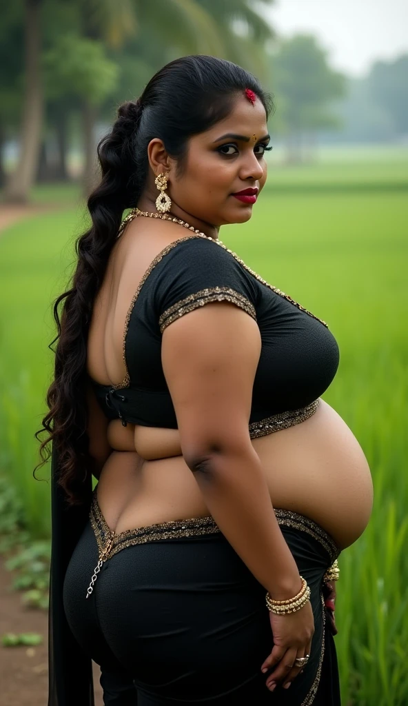A indian plus size sexy aunty wearing dark grey blouse and dark grey saree , she has big wide belly and fat legs