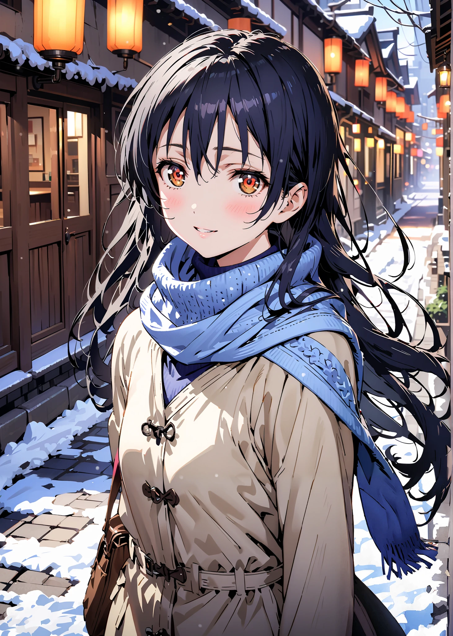 Sonoda Umi , Alone,long hair, bungs, Between the eyebrows, brown eyes, Lantern,smile,blush,open your mouth,half up do,Glasses,duffle coat,(sweater :1.2),( turtleneck:1.2),blue scarf ,Long Skirt,boots,snow,morning,walking,full bodyがillustration for both eyesに入るように, break outdoors, residential area,
break looking at viewer,full body,
break (masterpiece:1.2), top quality, high resolution, Unity 8K Wallpaper , (illustration for both eyes:0.8), (beautiful detailed eyes every time I look to the side:1.6), highly detailed faces that insist on buttocks, perfect lighting, extremely detailed CG, full body写真,(PERFECT HAND, PERFECT ANATOMY),
