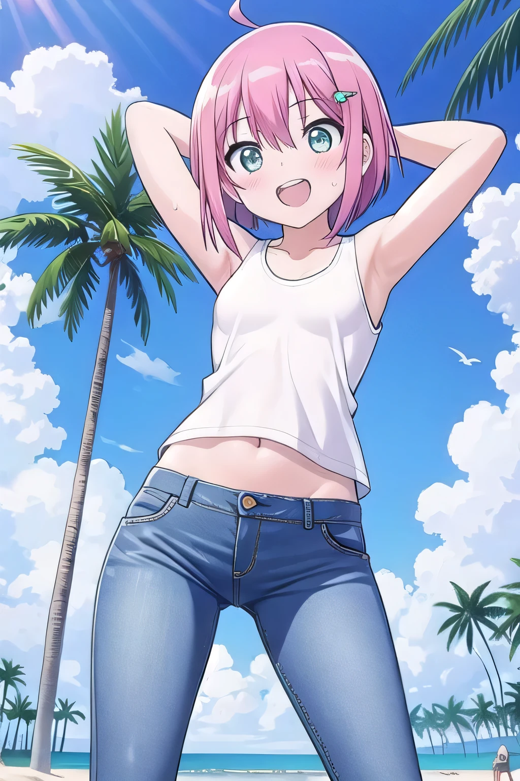masterpiece, best quality, ultra detail, ((Perfect Face, perfect eyes, perfect hair, perfect arm)), 1girl, , peti ((round face, ecstasy, orgasm face, drooping eyes, shame smiling, blush)), dropping eyes, sleepy, Open mouth, ((White teeth)), background((under the beach, (day:1.2), palm tree, bright sky)), miku hatsune, ahoge, (green eyes:1.2), (pink hair:1.2), crossed bangs, hair between eyes, hair ornament, (middle bob cut:1.4), (straight hair:1.7), ((arms behind head, hands behind head, fingers behind head)), ((contrapposto)), spread armpits, looking at viewer, (white tank top:1.2), (white crop top:1.2), (jeans pants:1.2, flares jeans:1.2, skinny jeans:1.2, blue jeans:1.2), standing, (legs spread:1.4), sex pose, Sweaty crotch, Steam from the crotch, from below, whole body