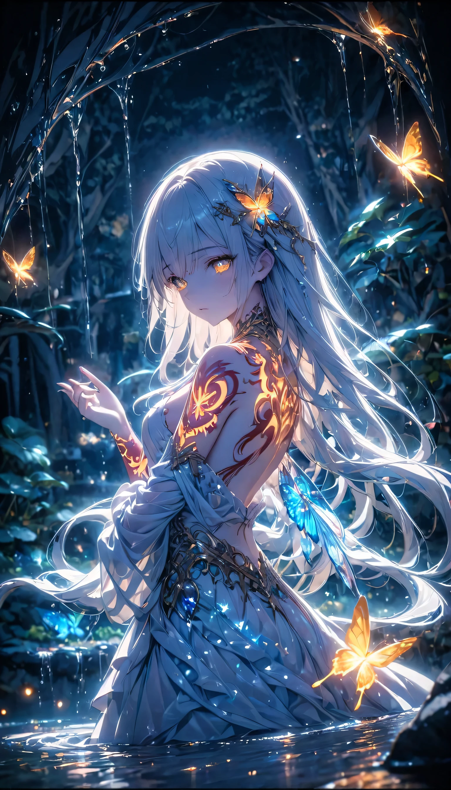 A mystical young woman with long, flowing silver-white hair and glowing golden-orange butterfly wings emerging from her back. Her ethereal, pale skin is adorned with intricate red tribal tattoos, swirling along her arms and shoulders. She wears a flowing, dark-blue and white dress with delicate metallic accents, soaked from standing in a serene, enchanted waterfall. Her golden eyes glow softly, radiating an otherworldly aura. She extends her hand towards the viewer, a luminous, blue spirit butterfly resting gently on her palm, emitting a soft, bioluminescent glow. The scene is illuminated by cascading water, shimmering raindrops, and fireflies floating in the misty twilight forest. High detail, ultra-HD, dramatic lighting, intricate textures, soft fantasy glow, dynamic composition.