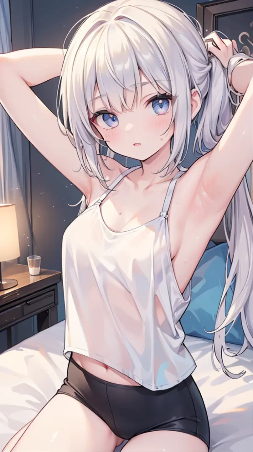 (8k, best quality, master piece: 1.2),super high resolution,1 girl, 独奏, cowboy shot ,ultra-detailed face, Selfie、Reflection in the mirror、Sexy Secretary、Silver Hair、Private room、bed、Midnight、Out of the window、Starry Sky、wariza, hand between legs, Collarbone, Ecstatic expression