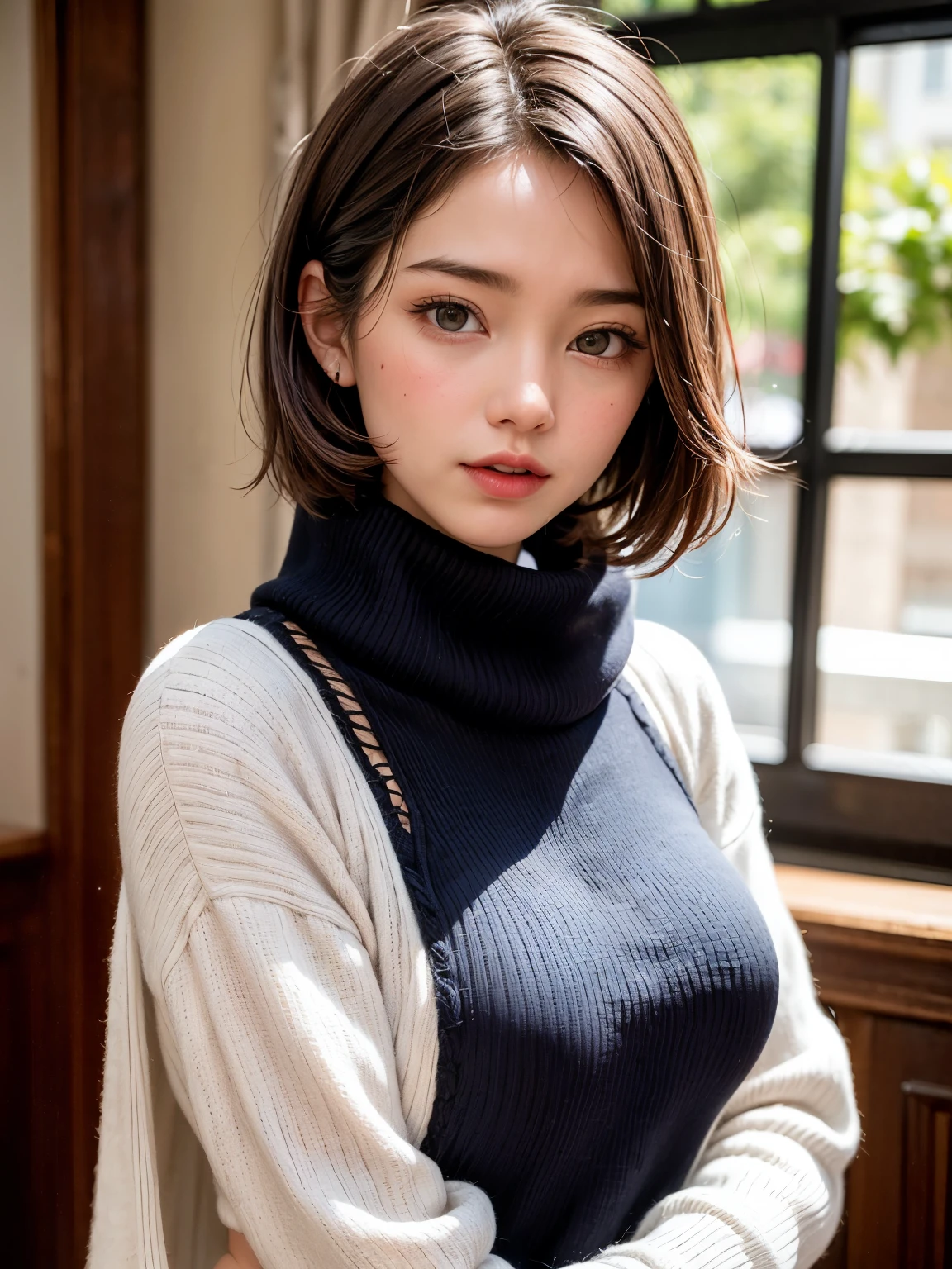(top quality、8K、32k、​Masterpiece、north african trade zone:1.2)、Photos of cute Japanese women、Medium chest、(Wolf Cut)、(Dark brown shorthair cat),full-body shot、surface focus、((Off-the-shoulder turtleneck sweater))、A necklace、From above、looking at the audience、Extremely delicate face, Skin and hair,muscular,A slender one,High style,High level of image quality、The background is in the city、gentle eyes、