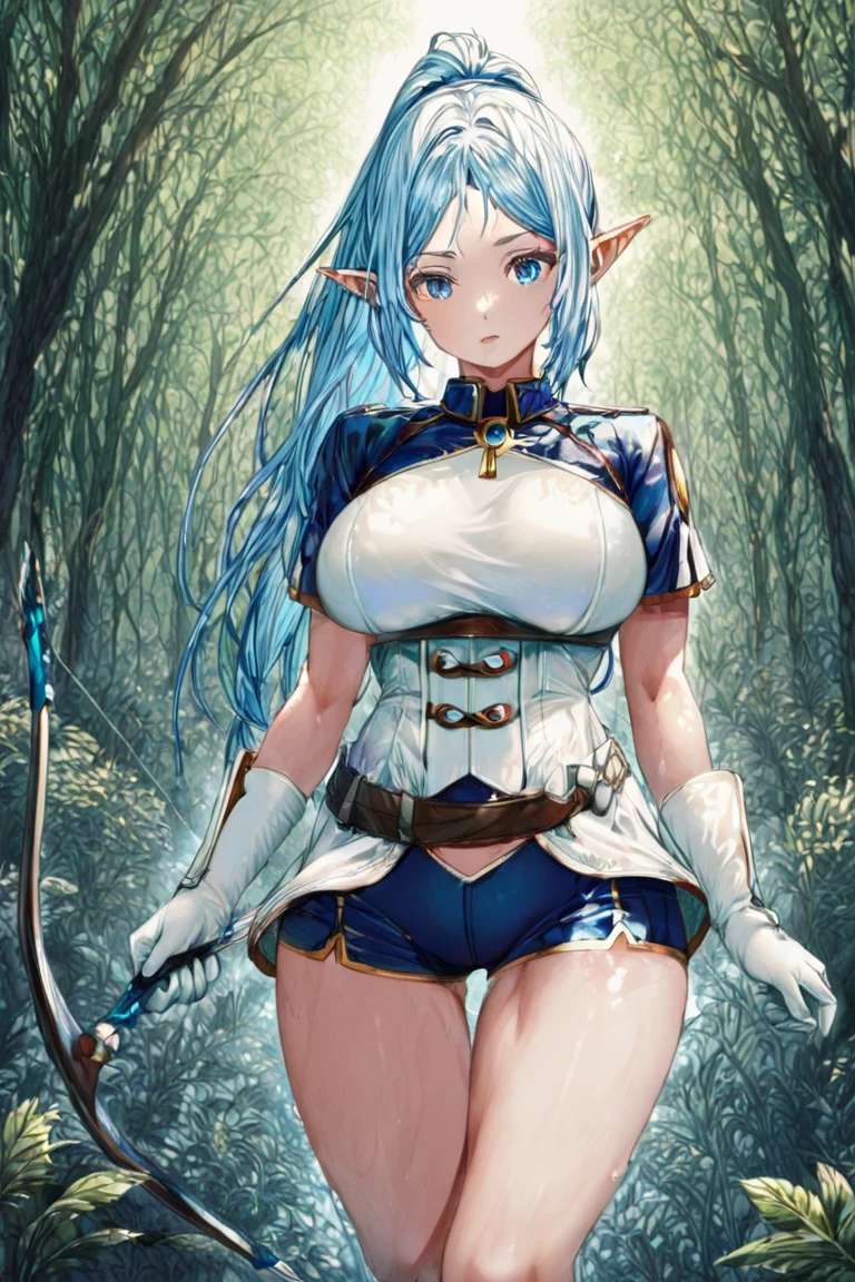 Create an realistic RPG-style image of a heterochromatic female elf in a forest with white hair and black leather armor, seen from the front, has one green and one blue eye, have a ruby ​​amulet. On her back is she holds a large sickle, while on his waist are two small sickles attached together by a chain on their handles. She also appears to be carrying an adventure backpack. gold rings with ruby floats next to her.