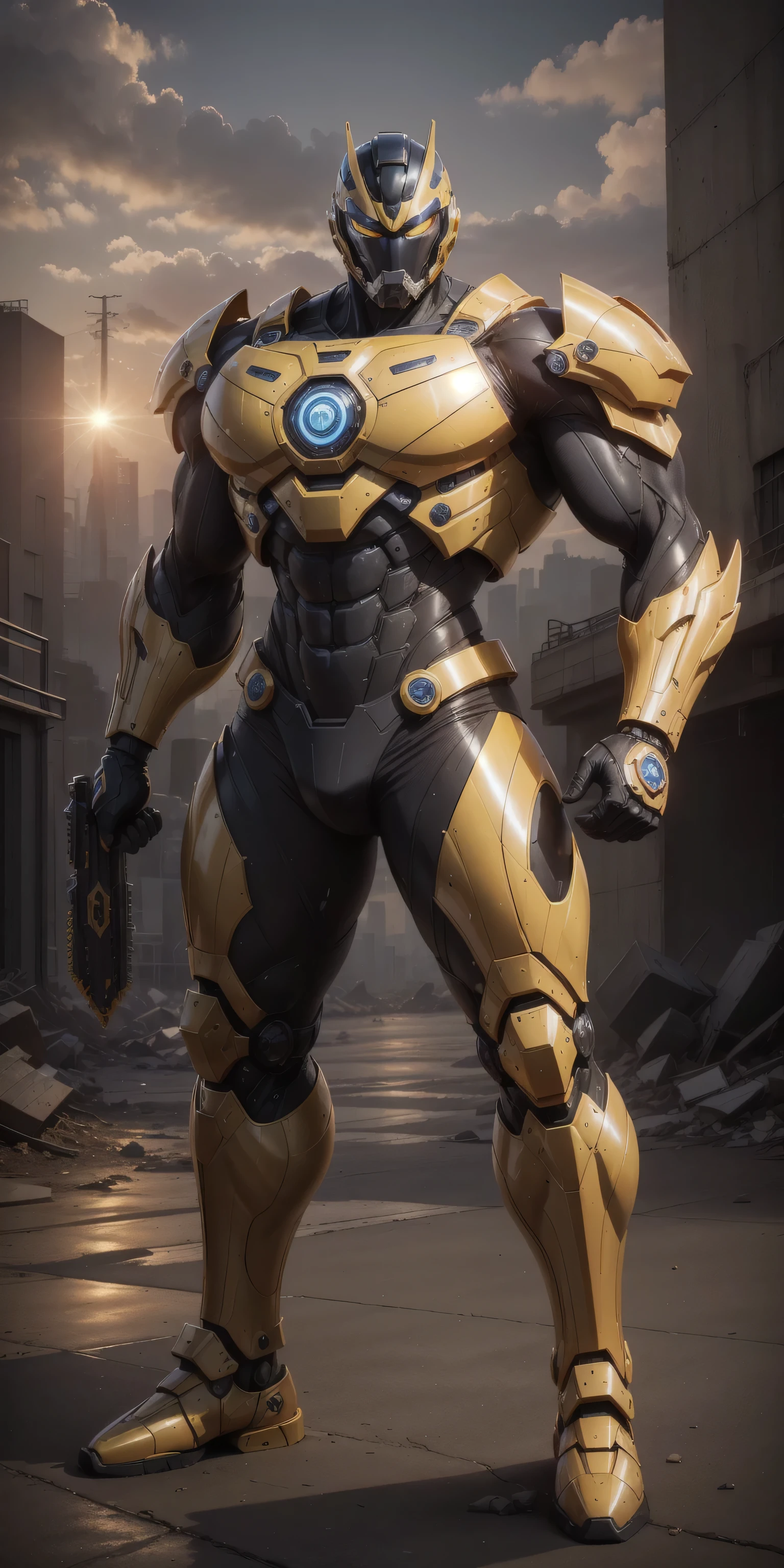a 2-meter-tall Muscular man,Dark yellow line helmet , dark yellow and line camouflage neoprene mecha ,Neoprene material ,Laser sword in hand,character concept superhero with mechanical helmet,Senior Police Officer,Small checkered texture , Regular symmetrical texture pattern, Mechanical Mask , Mechanical Mask , male model catwalk pose in open air city ruins, Mechanical Mask ,Heroic male pose ,tall and burly, Muscular ! Charming leg muscles ,Big goals, Burly, Heqiang, 超级魅力和酷炫, high resolution request , Ultra-thin nano-mechanical boots,with dark yellow colors and lines, Suitable for big feet, Charming strong man, The blazing sun shines on your body,The mecha shines with a metallic luster