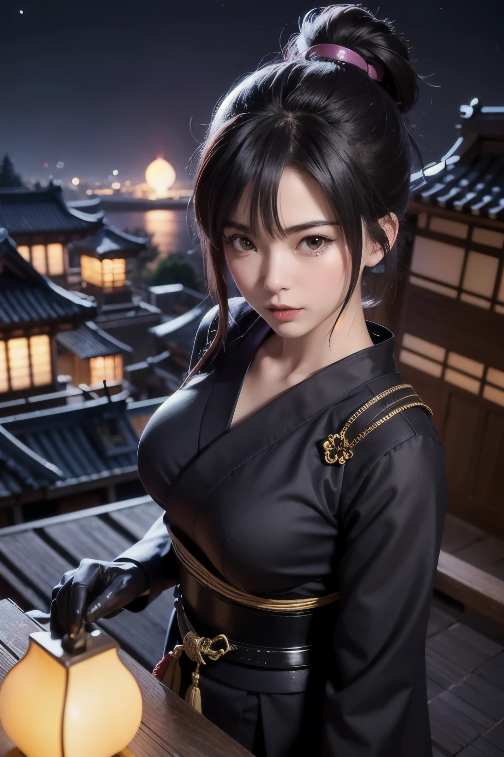 Feudal imperial Japanese anime scene at night, Ninja Scenario, Personagem: Ninja Mulher nos telhados, telhados, olhar dos telhados, (Personagem feminina perfeita), (Simetria da Personagem perfeita), (Corpo da Personagem feminina delicado), (Corpo Inteiro), 4k, UHD, Perfect stage lighting, estilo anime