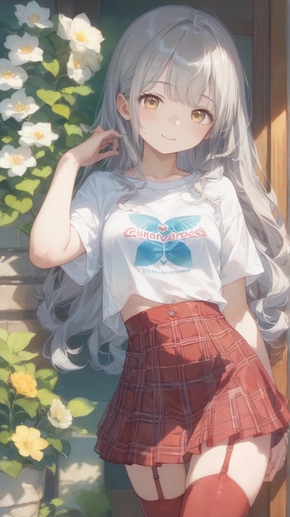 high image quality、masterpiece、 realistic 、 Perfect Anatomy, Girl, cute女の子、超 cute、Where's the hair 、Very short,、zoom、 cute、 yellow eyes、 long gray hair、 straight long hair facing the body、glass、 white t-shirt 、( gingham check culotte skirt:1.37), Red Stockings 、 red garter belt 、belly button,blank, black light