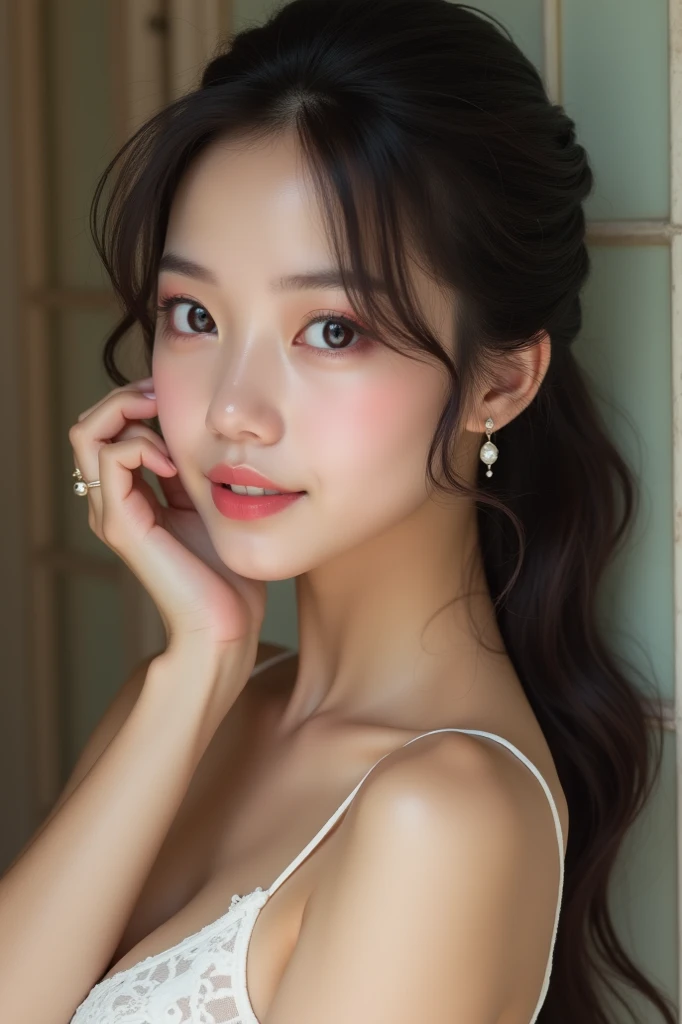 (masterpiece:1.3), high resolution, ultra detailed, extremely detailed CG unity 8k wallpaper, realistic, photo-realistic, RAW photo, beautiful detailed face, pale skin, realistic glistening skin, detailed cloth texture, detailed hair texture, Perfect body, Beautiful Face, accurate, Anatomically correct, Highly detailed face and skin texture, natural neck length, (beautiful hands), (fair skin:1.1), (well-aligned teeth:1.1), (Sweaty skin:1.2),
BREAK,
Detailed eyes, symmetric eyes, Light Brown eyes, Double eyelids, Thin eyebrows, (Glossy lips:1.4), ((A face with waiting for a kiss:1.2)), (blush:1.1), (A sparkling small hair accessory:1.1), (beautiful smile:1.1), (having microphone:1.3),
BREAK,
(A classy and Cute idol:1.3), (nude, nsfw, nipple:1.4),
BREAK,
medium large breasts, slender figure, firm abs,
((ponytail, black hair, bangs:1.2)), (cowboy shot:1.2), (looking at viewer), cowboy shot, From above,
BREAK,
(singing on stage:1.3),