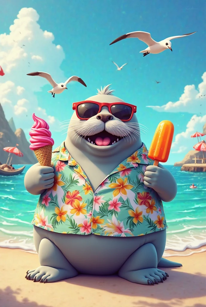 A cute and charming hedgehog character is relaxing on a sunny beach, enjoying the warm, carefree day. The hedgehog lounges comfortably on a tiny beach towel, wearing a pair of stylish sunglasses and perhaps a small sun hat. Its tiny paws rest on its belly as it leans back, soaking up the sun's rays. Around the hedgehog, soft golden sand stretches out, with the gentle sound of waves lapping at the shore. A colorful umbrella provides some shade, and a refreshing drink with a straw sits nearby. Seagulls call in the distance, and a cool ocean breeze rustles through the hedgehog’s quills. This peaceful and heartwarming scene captures the hedgehog’s love for relaxation and the simple joys of a perfect beach day, highlighting its endearing and playful nature.