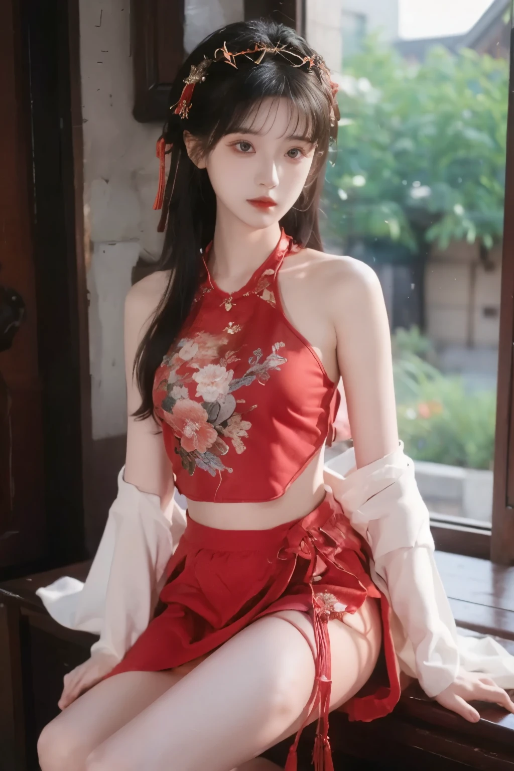 is the best quality,  masterpiece, High Aims, 1 girl, Beautiful red Hanfu, Hair   ornaments,  necklace,   ornament, pretty face, When the body, Tyndell effect, Realistic portrait, Dark Studio, Edge lighting, Bicolor Light , (very delicate skin:1.2),  8,000 uhd, DSLR, Soft Light, High quality, Volumetric Lighting, Honest, photo, high resolution, 4K,  8,000, Bokeh, dark hair，PINK HAIR TIPS, pink eyes.1 girl, skirt,  Hair accessories , red skirt, alone,  Chinese clothing ,  long hair, Sitting, bare shoulders, window, brown hair, OK, interior, dark hair,