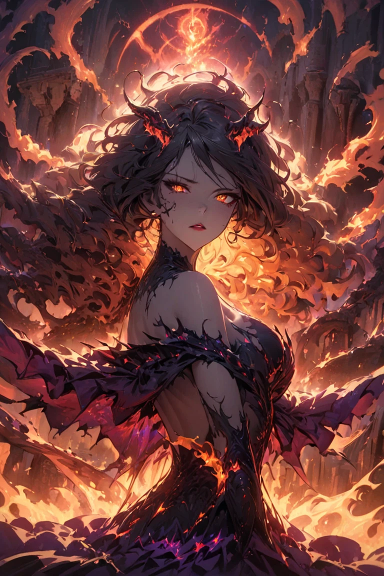 (masterpiece, Highest quality, Highest quality, Official Art, beautifully、aesthetic:1.2), (One girl),solo,(Fractal Art:1.3),colorful,Upper Body, (devil),((spider)),seductive, inflammatory ,dark,evil atmosphere,
