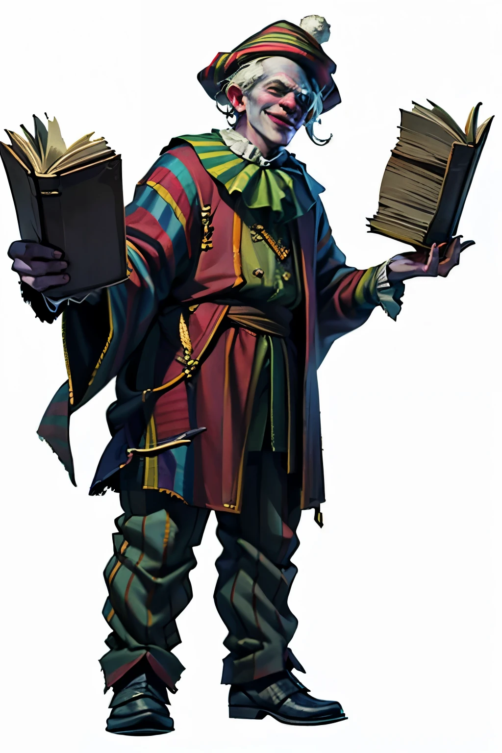 I want a character with a white background, png, full body image,a court jester , clown, With murderous posture, Wearing an idiot's red hat, colorful striped clothes filled with rags, balancing books and juggling, all at the same time , lifting objects, With a creepy smile and loose pants.