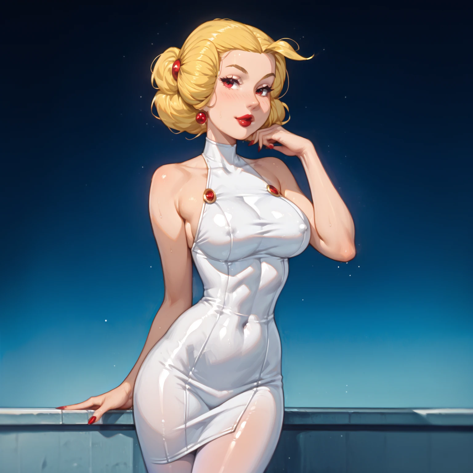 A beautiful girl with short orange hair, greeneyes, and earrings, wearing makeup and lipstick, and white leotard in curvy cartoon style, highy detailed, work of art, cowboy shot,Dexter&#39;s mother, beachfront, intrikate,Waist slender,Hands on waist,
