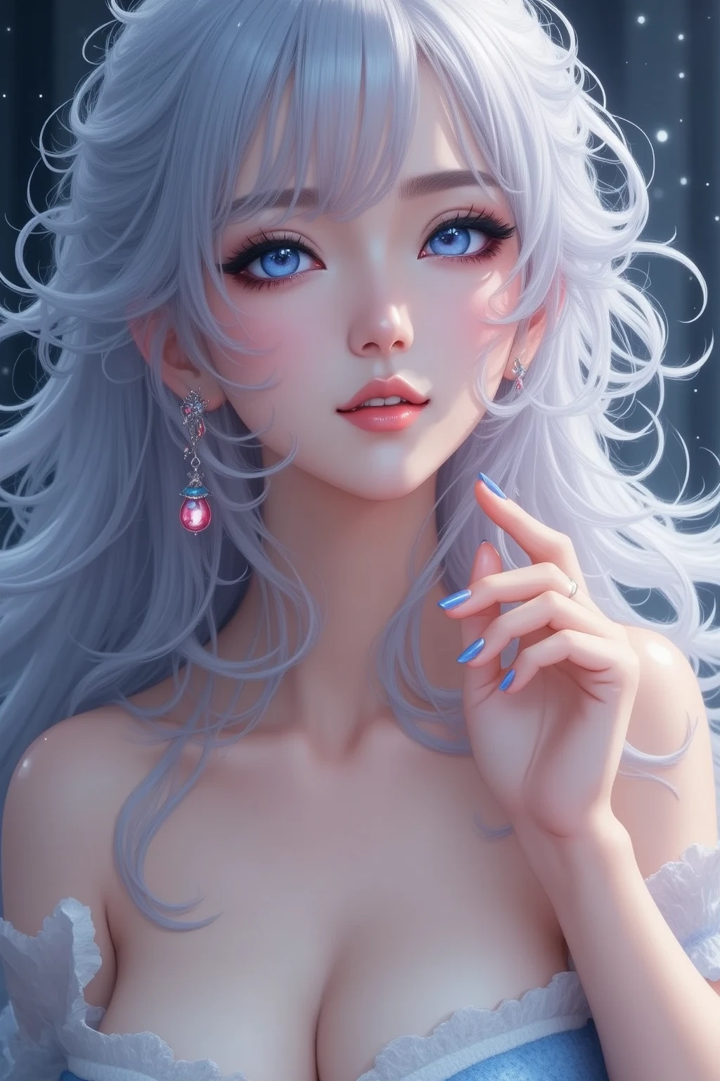 Night scene,(White Hair Girl:1.5),((masterpiece))、(detailed:1.4)(Close-up)、angle from above、(Backlight)(A fantastic atmosphere、Ancient Capital、Fantastic beauty images,One Woman、White Dust、Light Danceysterious atmosphere、Suspended particles), (Black Dress、long dress with sleeves、Dancing Girl、Put your hand to your mouth)、(Gray hair that changes with light、Long, lustrous white hair、white hair fluttering in the wind、Beautiful bangs:1.3)、(Beautiful white and shining skin、Cheek gloss highlight、Sexy and very beautiful and adorable face、The most beautiful face in the world、Big, sparkling blue eyes)、(A cute 25 year old girl、Ample breasts、Great cleavage small waist、delicate shoulders、Perfect figure) Look here、Laugh mischievously