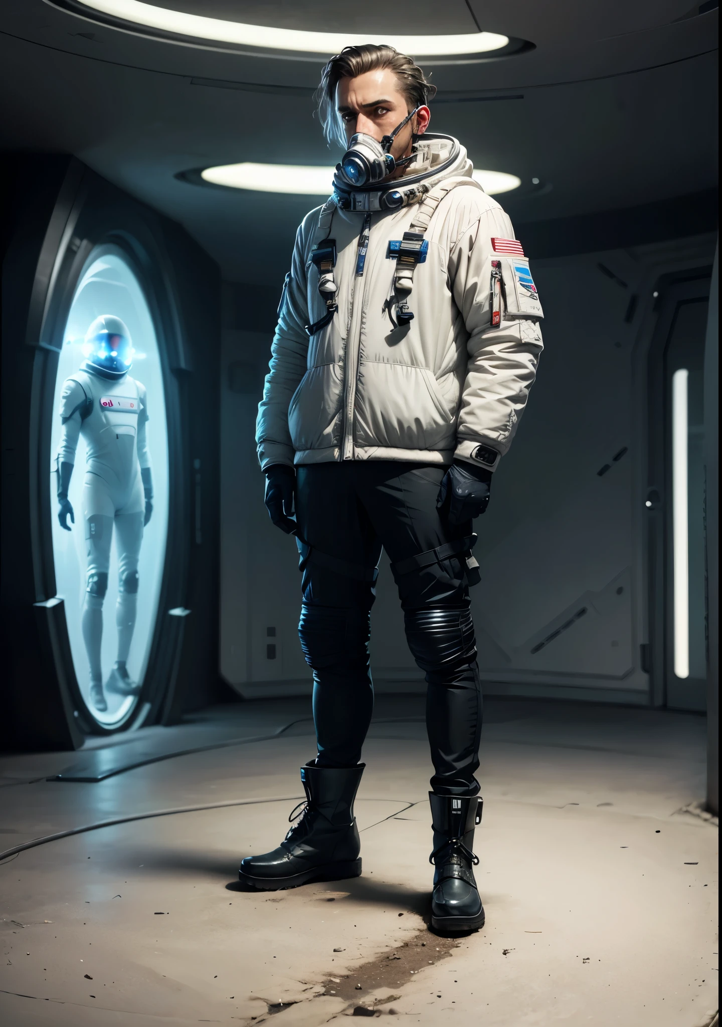 until, A man from the future, simple with old and frayed white synthetic clothes, light clothing, with white gas mask, with few technological devices, Cinematic Art, full body, science-fiction character , disheveled hair, worried face , Fight marks , wearing spacesuit pants, with a futuristic weapon, space boots, A doctor of the future