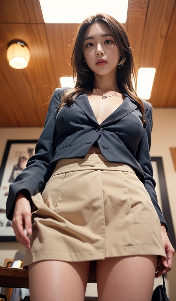 (best quality,4k,highres),ultra-detailed,realistic,cosplay,student uniform, unbutton clothes, unbutton shirt, mini skirt, skirt lift up, open legs,beautiful woman,big breasts, show nipples detailed, dark hairy pussy, pubic hair,vivid colors,portrait,soft lighting