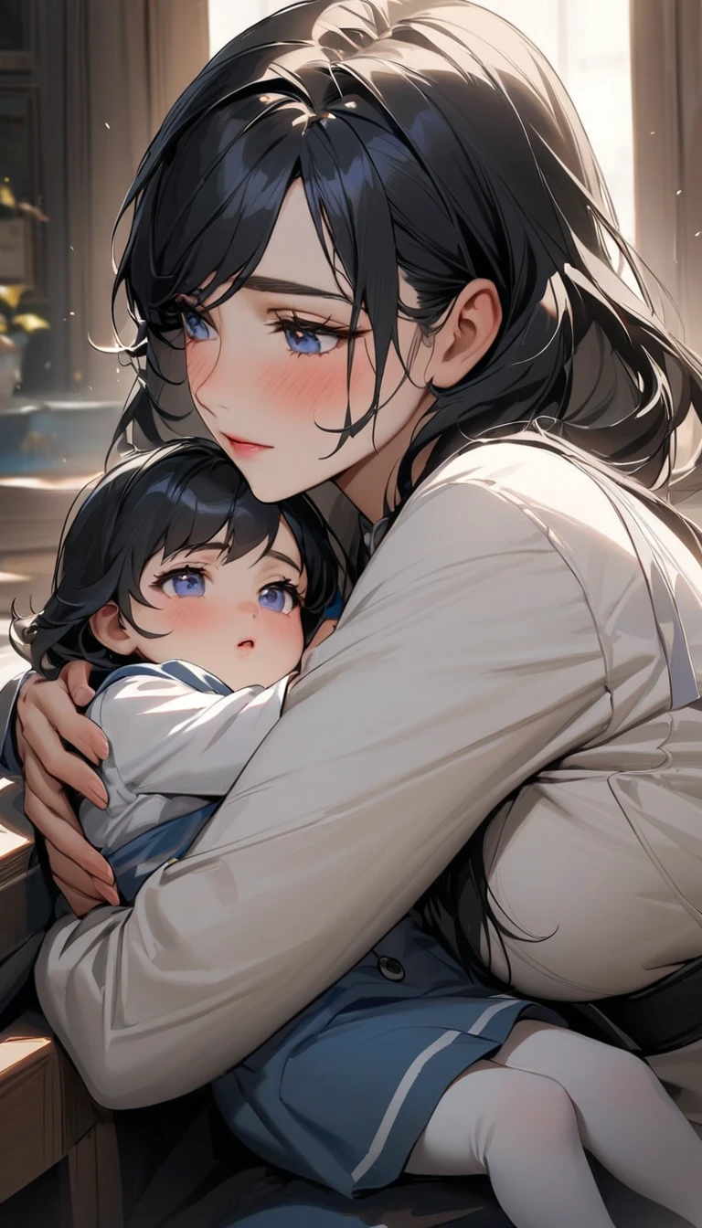 (Obra maestra:1.2), Mejor calidad, (illustration:1.2), (ultra detallado), hiper detalles, (delicado detallado), (detalles intrincados), (cinematic light, Mejor calidad Backlights), Delete line, Cuerpo perfecto, The image depicts a mother embracing her , capturing a tender moment suitable for celebrating Mother's Day. The style emulates a child's drawing and storybook illustration, using a watercolor palette to convey warmth and intimacy. The background and overall atmosphere of the scene radiate kindness and coziness, enhancing the emotional connection between the, (constituir), alto contraste, (mejor iluminacion, un extremadamente creado y hermoso), (cinematic light), vistoso,