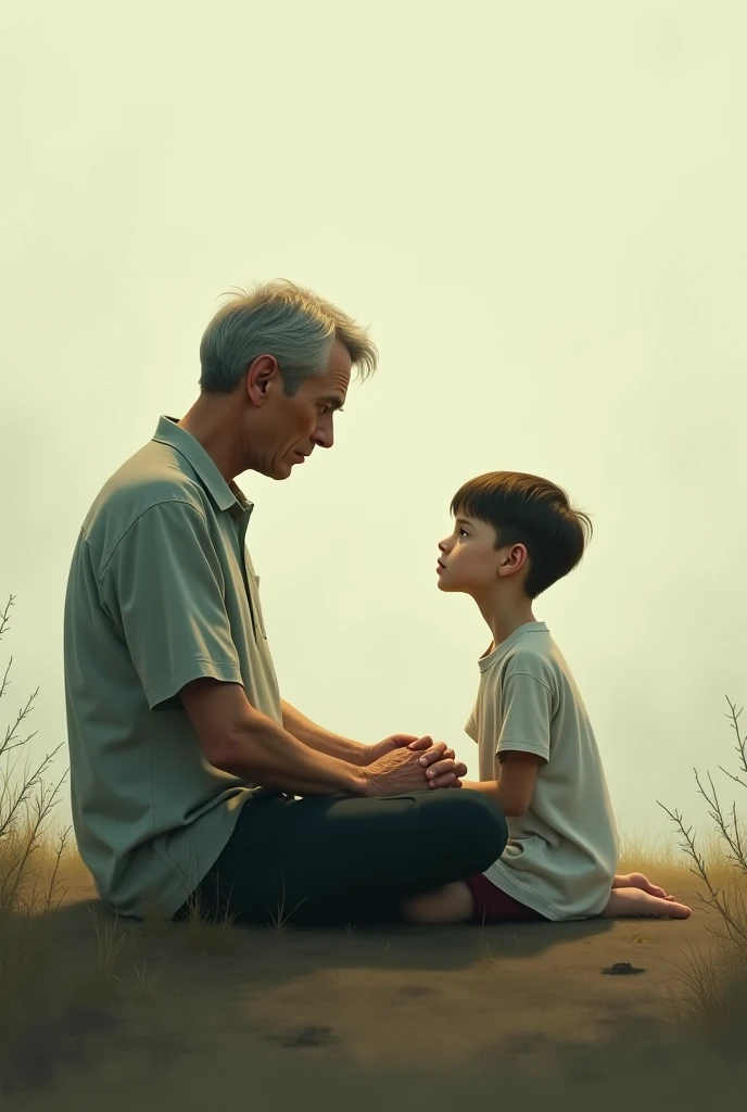a young boy is sitting with weak old man in the forest.