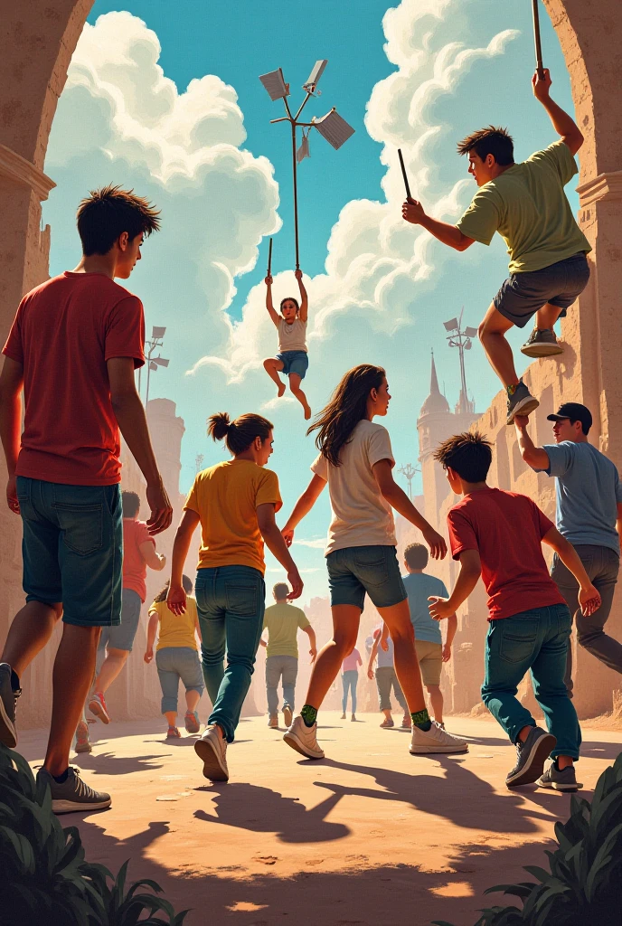 Janret in cinemetic 3d caton stail**"Children Flying in the School Courtyard":** A lively courtyard filled with children flying mid-air using their magical powers, some holding wands, while others float effortlessly with joyful expressions