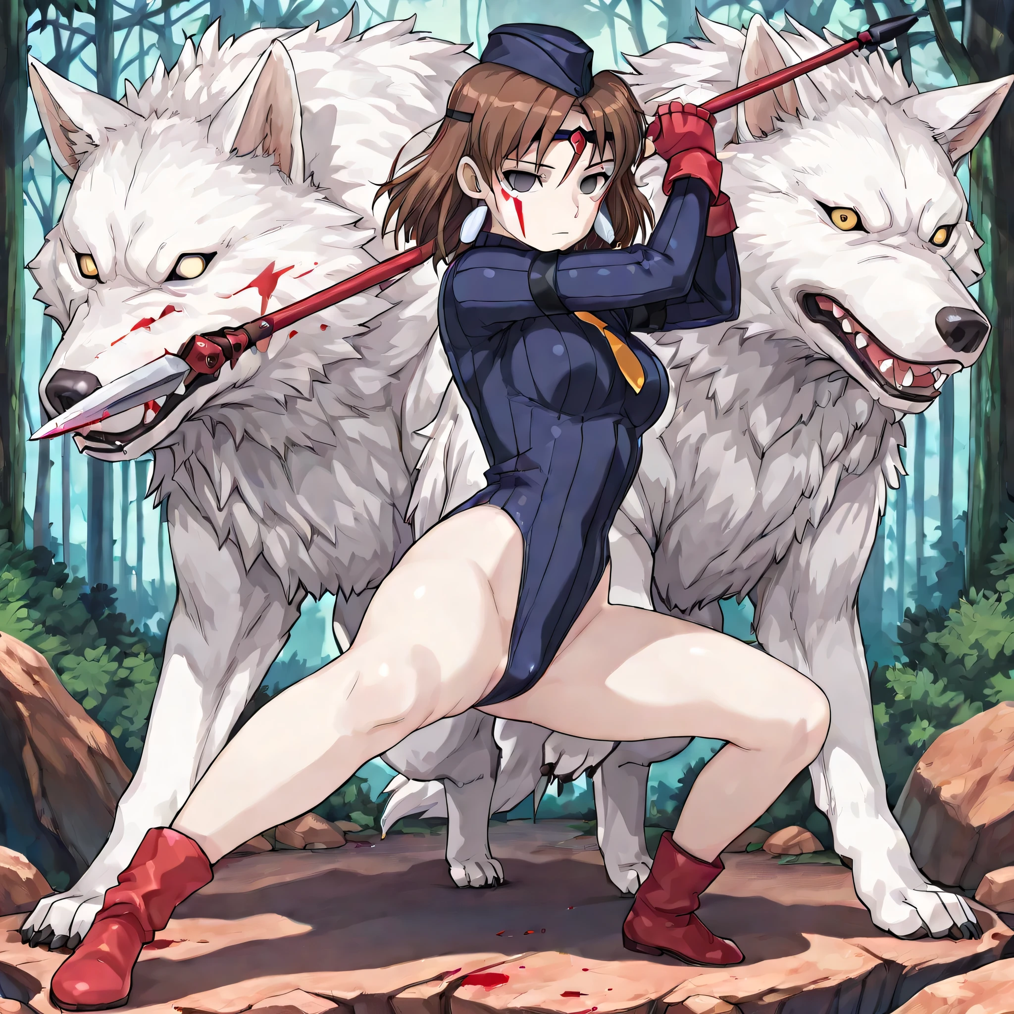 (((Masterpiece))), (((Best Quality))), ((Super Detail)), ultra-High resolution, score_9,score_8_up,score_7_up,score_6_up,score_5_up,score_4_up, BREAK, source_anime, anime screencap, uncensored, rating_explicit, Masterpiece, (best shadow), (absurdres), (detailed background), (very aesthetic), shiny, detailed beautiful eyes, outstanding, countershading, detailed soft lighting, an exquisite animation illustration, curvy, empty eyes, expressionless, blank eyes, looking at viewer, full body, emotionless, Fighting Stance, shadaloo dolls, red gloves, hat, cowboy shot, fingerless gloves, leotard, cosplay, highleg, highleg leotard, red gloves, garrison cap, dark persona, ribbed leotard, yellow necktie, (((solo, 1girl))), hair ornament, submissive pose, seductive pose, medium breast, brown hair, facepaint, headband,earrings, tooth necklace, gray eyes, crystal necklace, pale skin, forest background, rock background, waterfall background, holding spear, spear, (((wolf, wolf background, full body))), blood spaltter, blood on face, blood on clothes,