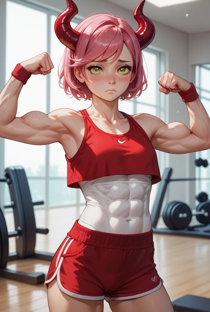 Femboy, cute outfit, tomboy, ((bulge in panty:1.5)), ((male erection:1.5)), (small male genital: 1.45), female postures, ((completely flat chest:1.6)), slender, blue eyes, baby designs, (embarassed shy smile:1.5), blushing, collar, cute, poofy panty, cute design on panty, Dildo on hand, Short hair, (wet white sports bra: 1.6), (erected nipple: 1.4), (visible pink small chest top),