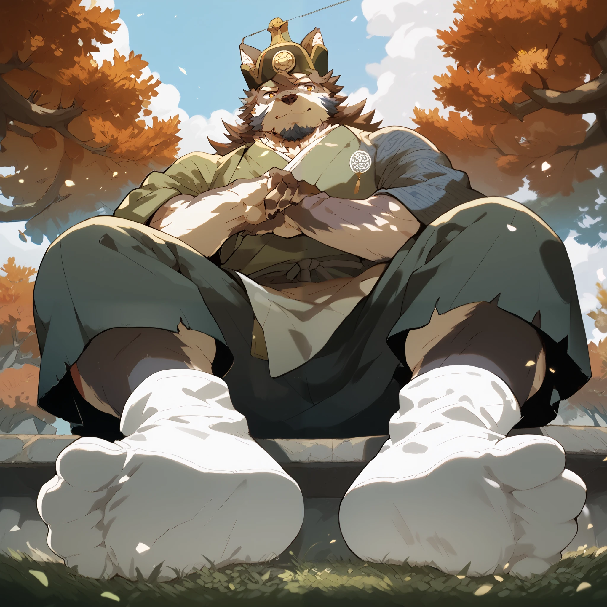 Score_9, Score_8_up, Score_7_up, Score_6_up, Furry,a boy, mature ,Tetsuki Makoto , 's only, full body,helmet, Mongolian costume , sitting,(from below:1.2),soles of feet,White socks,front,legs that fell apart spread apart, hyper bulge