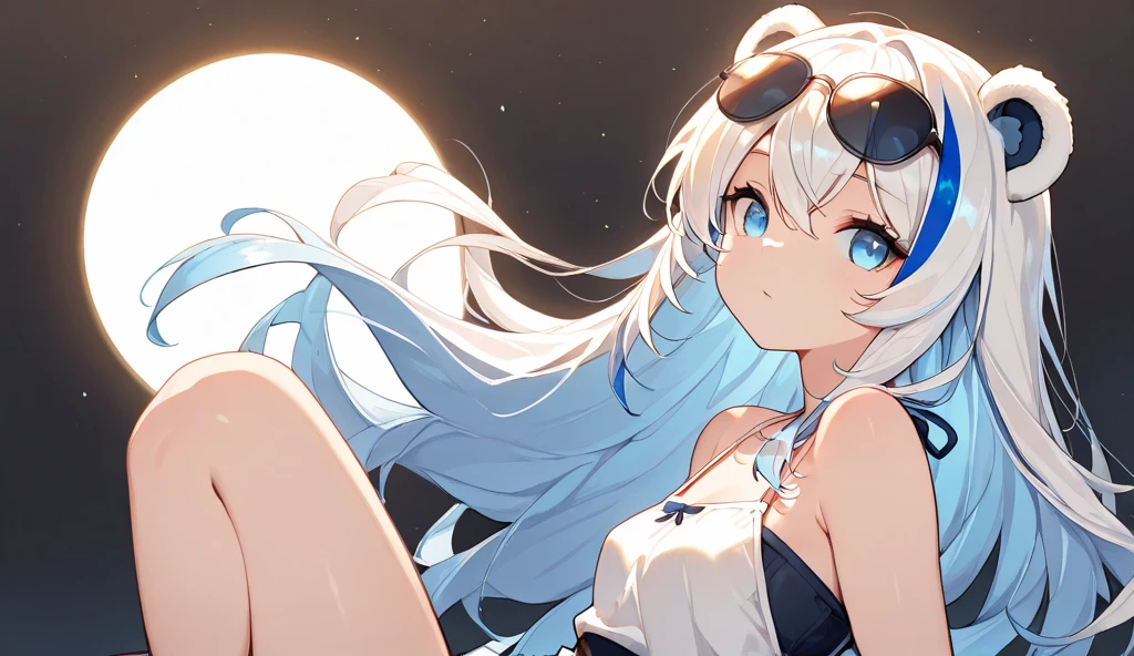 ((Best Quality)), (Ultra-detailed), ((Extremely detailed)), (Beautiful), ((Kawaii Girl)),(two side up hair).,Platinum Blonde Hair,Long hair, hair between eye, Wavy Hair, Long sideburns,Jade-colored eyes, White skin,Normal Chest,Slender body,Cross Halter Bikini,Sandals,background a pool, Night, Night view of New Tokyo City, Starry sky, Neon light,,Look Camera