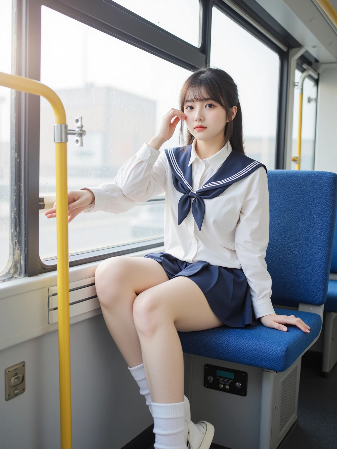 8k, RAW portrait (japanese woman), masterpiece, Photoreal:1.3, realistic, ultra high resolution, highest quality, real life photos, (in the evening :1.1), 1girl, (beautiful detailed face:1.1), (school uniform), (sailor uniform), (skirt), (dark brown eyes:1.2), (blush:1.3), (large breasts), (smile:1.2), (dark purple silk_panties:1.4), (cameltoe), (woman rolling up her skirt), (sitting on train chair), (spread legs), (train), (skirtlift), (tokyo)