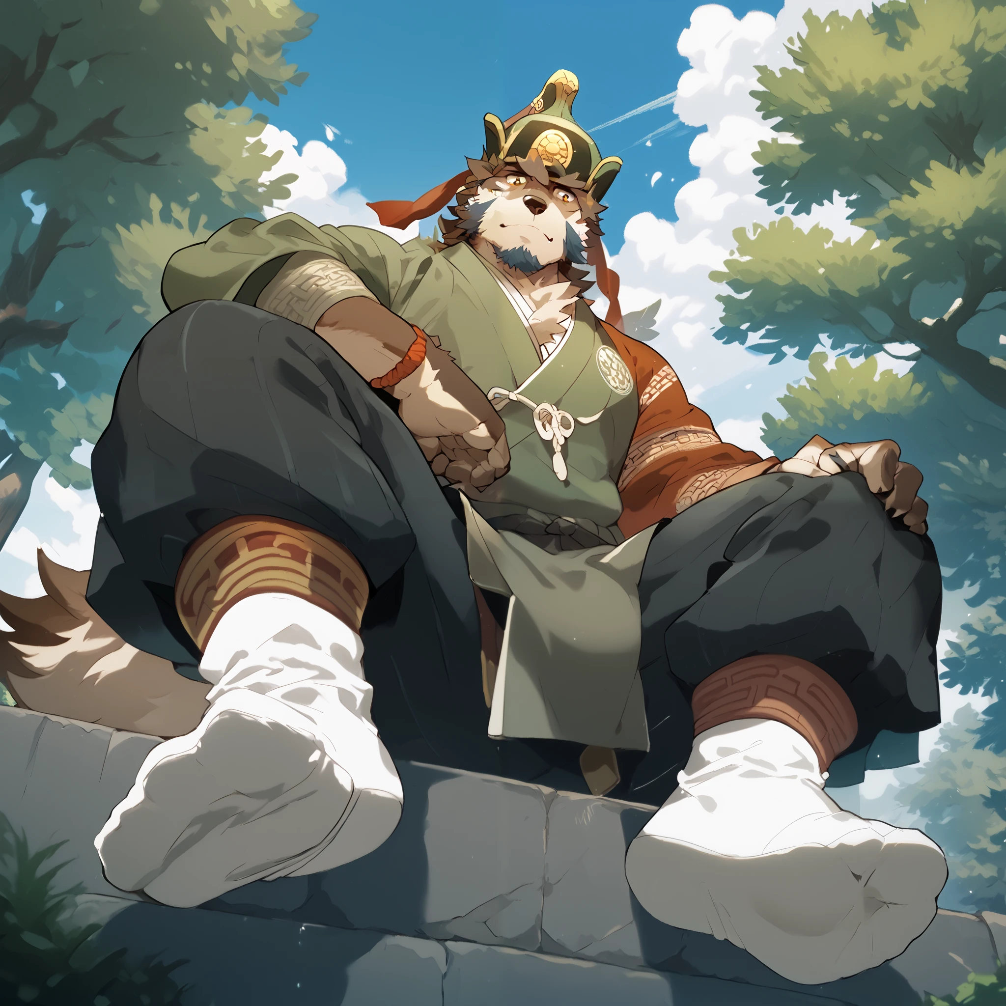 Score_9, Score_8_up, Score_7_up, Score_6_up, Furry,a boy, mature ,Tetsuki Makoto , 's only, full body,helmet, Mongolian costume , sitting,(from below:1.2),soles of feet,White socks,front,legs that fell apart spread apart, hyper bulge