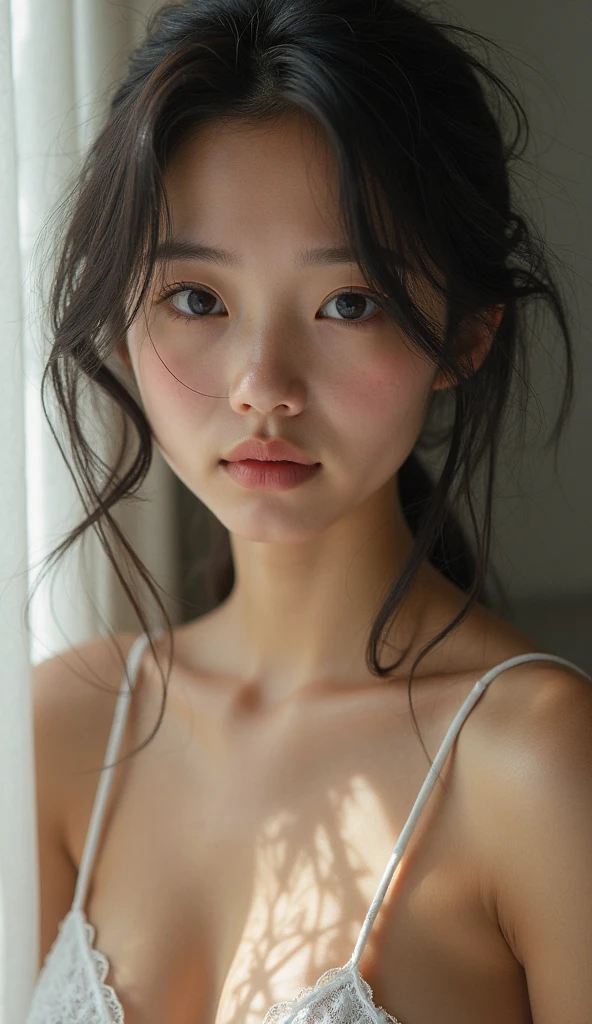 Highly detailed CG Unity 8k wallpaper, Highest quality, Ultra-detailed, Tabletop, Realistic, Like the picture, Highly detailed cute girl, Age 25, Round eyes, Audience, blush, Part your lips, Upper Body , (Underarm) , (Sweat) , camisole , Bathroom