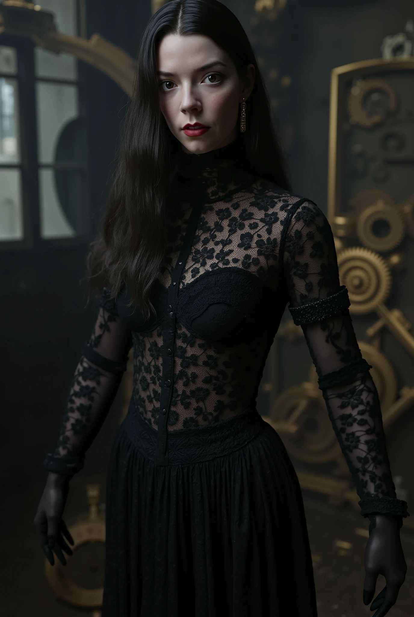 A 3D render of a hauntingly realistic portrayal best quality, highres, 4k, 8k, amazing quality, Photo full portrait of photo real. steampunk black lace dress woman. thigh high boots with 6 inch heels. steampunk background. “full body portrait
