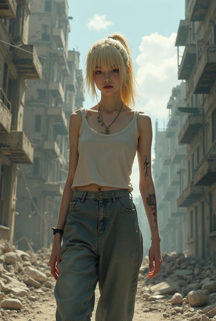 Saitama, one punch man, confused look,cute woman posing for couples photos, asking the crowd to take picture,wrecked part of town post fight,illustration,ultra-detailed,photorealistic:1.37,post-apocalyptic,comic art,harsh lighting,vibrant colors,debris and dust in the air,expressive faces,cracks and damages on buildings,urban decay,wind blowing through hair,muted tones,hazy atmosphere,overcast sky,rippling muscles,strong contrast,broken glass shards,commanding presence of woman,hope in desperation,nostalgic aesthetic,playful expression,dynamic poses,urban ruin,action-packed scene,gritty,attention to facial expressions,determined stares,mixed emotions,decaying structures,flowing cape,scattered rubble,smoke-filled background,emotionally intense,wide-angle shot,thrilling energy,dramatic shadows,spectacular visuals,motion blur,comic book cover style