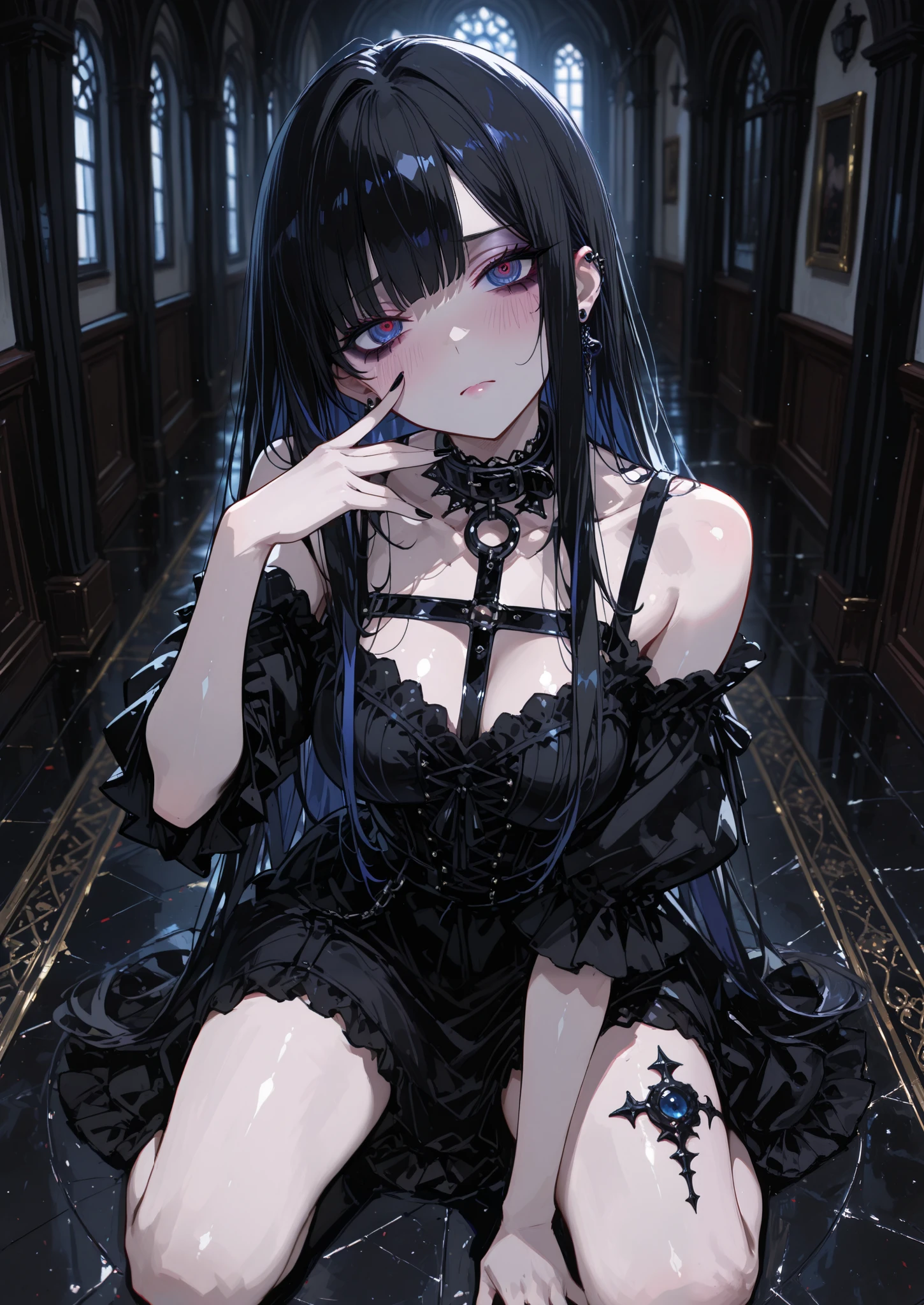 whole body, sickly girl, black dress, face veil, mansion, hall, absurdres, RAW photo, extremely delicate and beautiful, masterpiece, Best Quality, ultra high resolution, 32k, hyperrealistic, ultra-detailed description, pale skin, 20 years old, detailed beautiful face and eyes, tearful mole, earring, short medium wavy hair,