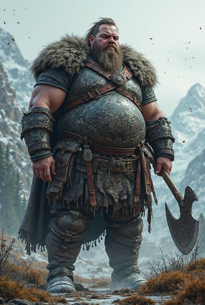 Hyperrealistic image of a Scottish warrior from the 5th century BC.c, Very old and very sweaty superhero with long and very gray hair, bodybuilder over 80 years old, very muscular and fat, more than 200 kilos with a naked torso, large and flaccid pectorals, tattooed, huge brown nipples, large gray mustaches, wearing a kilt and a fur cape. bear in a highland landscape