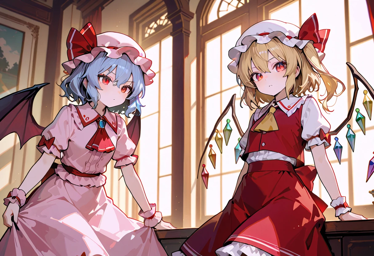2girls, zzRemilia, red eyes, blue hair, short hair, hat, ribbon, wings, ascot, hat ribbon, pink dress, bat wings, short sleeves, frills, puffy sleeves, zzFlandre, red eyes, blonde hair, one side up, hair between eyes, wings, ascot, red skirt, hat ribbon, short sleeves, puffy sleeves, mob cap, red shirt, amazing masterpiece, top quality, high fashion, absurdres extremely, HDR, intricate details, vivid colors