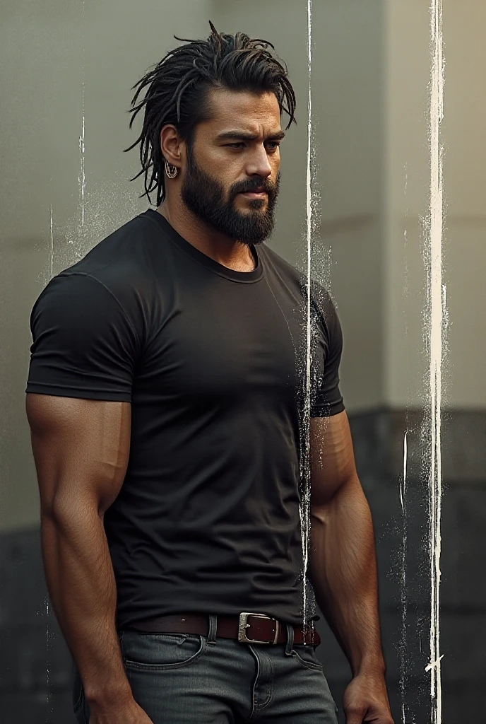 man about 35, dark skin, Blackbeard, black hair neatly styled back, scar on his left eye, sapphire eyes, black tight t-shirt