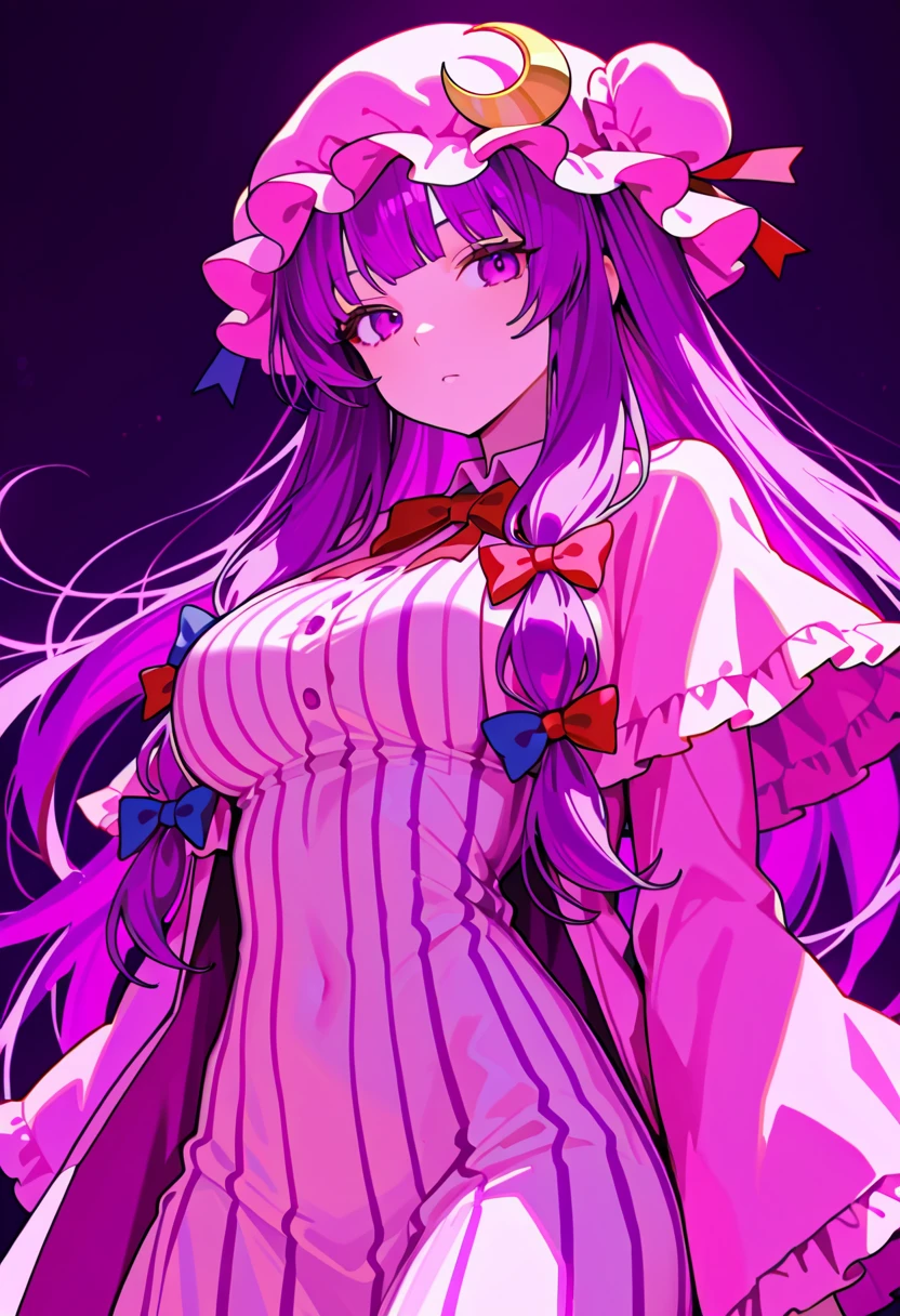((solo)), , touhou project, patchouli knowledge, 1girl, solo, purple hair, purple eyes, long hair, mob cap, crescent hat ornament, mob cap, amazing masterpiece, top quality, high fashion, absurdres extremely, HDR, intricate details, vivid colors