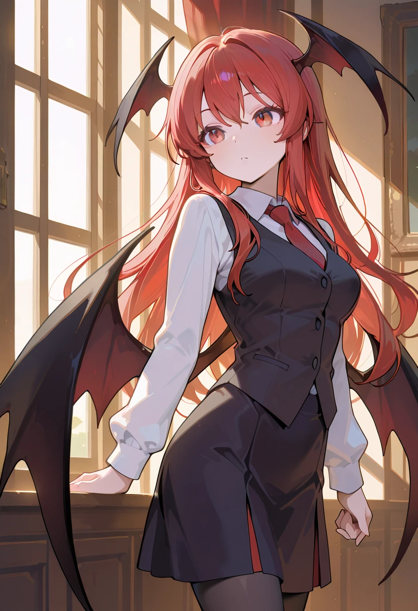 ((solo)), touhou project, koakuma, 1girl, solo, red eyes, red hair, long hair, sidelocks, skinny, medium breasts, bat wings, head wings, wings, necktie, red necktie, shirt, long sleeves, skirt, vest, white shirt, black skirt, black vest, pantyhose, black pantyhose, amazing masterpiece, top quality, high fashion, absurdres extremely, HDR, intricate details, vivid colors