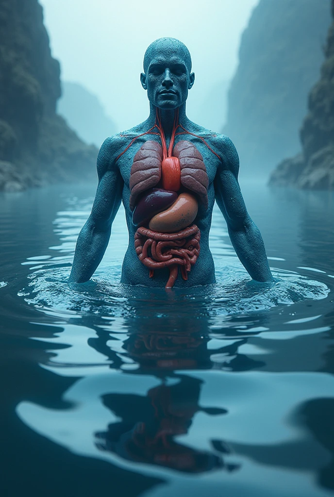 a large, humanoid statue lying partially submerged in a body of water. The statue has an ancient and weathered appearance, with detailed, muscular features and a face that seems to be in a state of deep rest or possibly death. The water is a murky greenish-blue, and the statue's body appears to be covered in what might be algae or erosion marks, adding to its aged look. Surrounding the statue, the landscape is rocky and barren, with a few small, distant figures standing on the shore, giving a sense of the statue's massive scale. The overall scene is surreal and eerie, evoking a sense of mystery and ancient history.