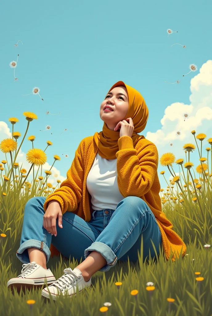 Show me a landscape  image of  a  brown woman  covered  with niqab  and hijab happily  painting a yellow wall