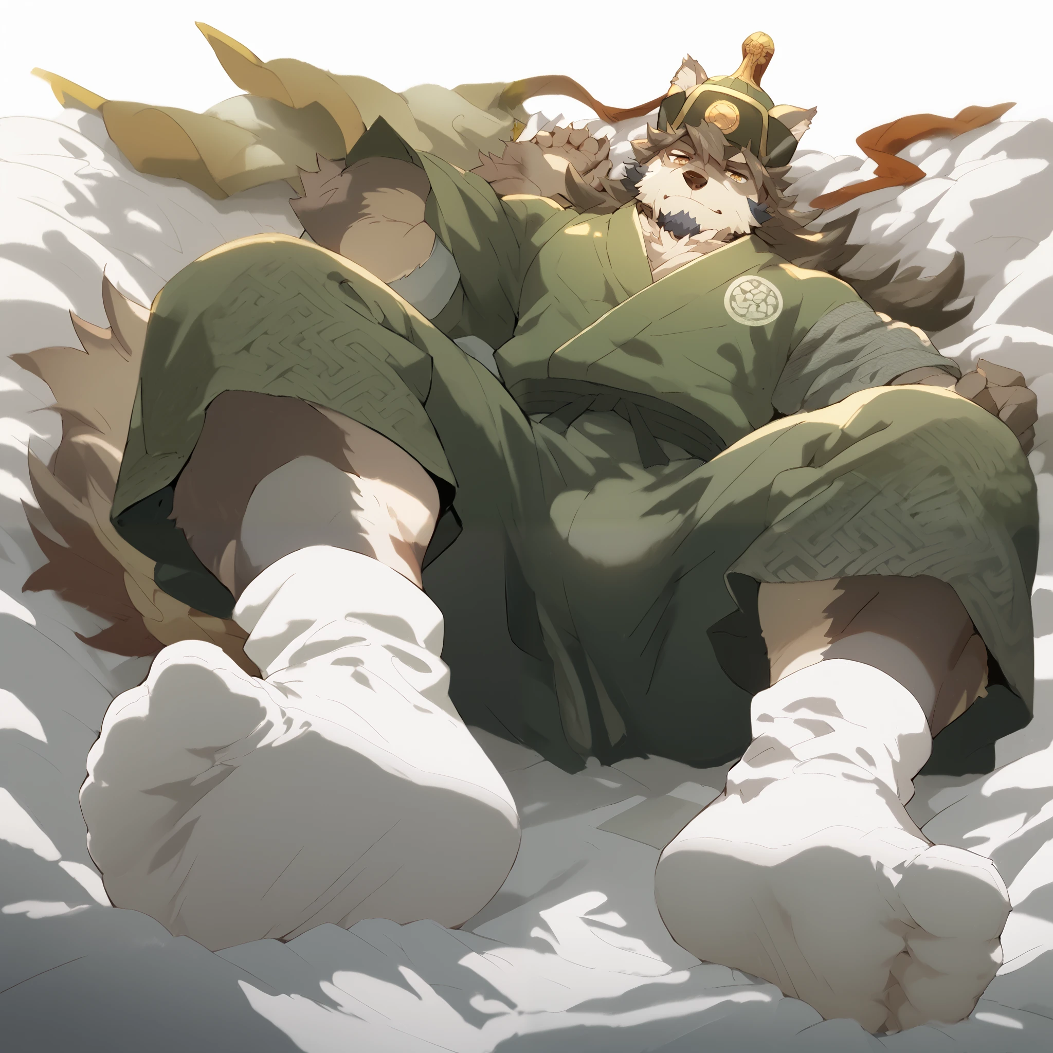 Score_9, Score_8_up, Score_7_up, Score_6_up, Furry,a boy, mature ,Tetsuki Makoto , 's only, full body,helmet, Mongolian costume ,Lying down,On the bed, (from below:1.2),soles of feet,White socks,front,legs that fell apart spread apart, hyper bulge
