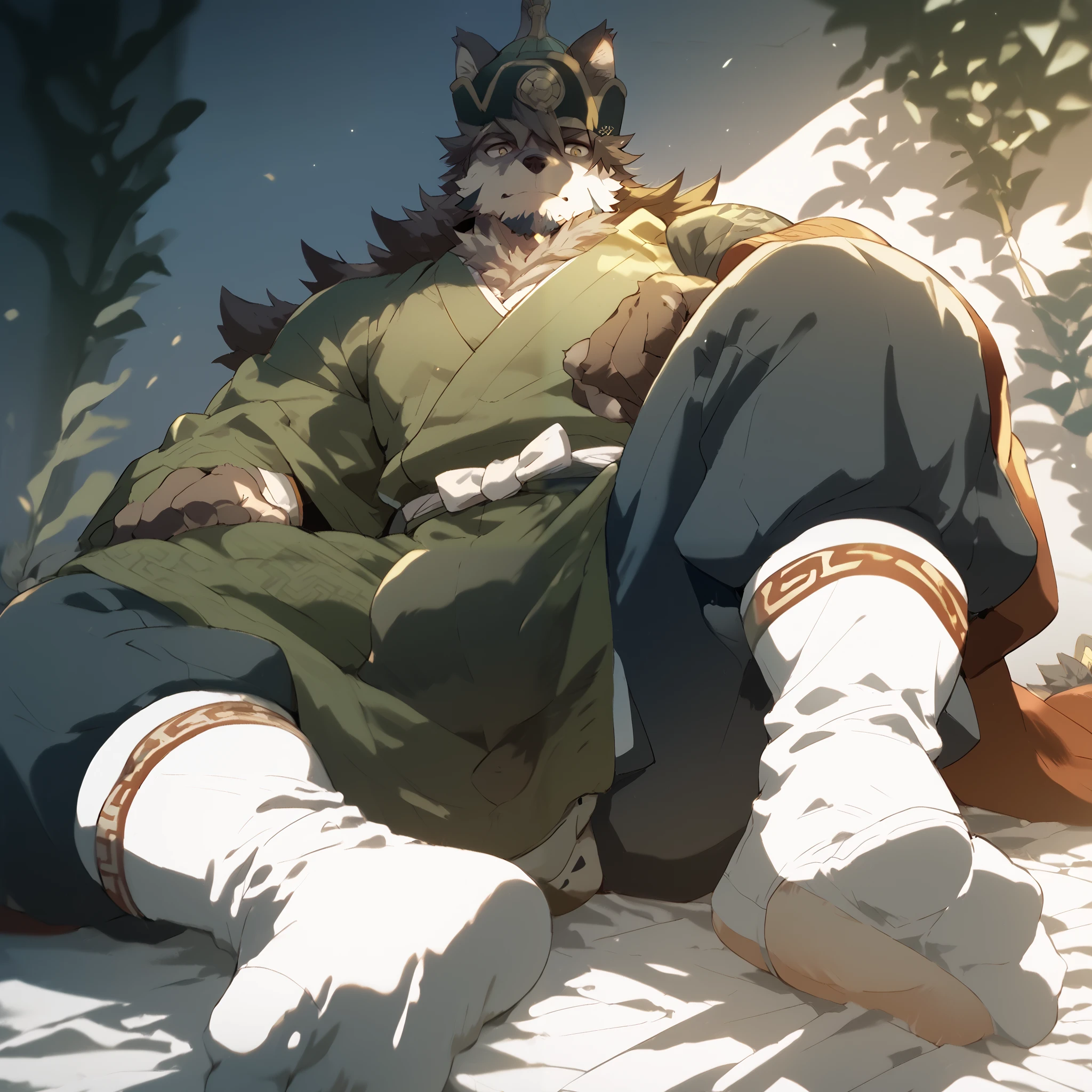 Score_9, Score_8_up, Score_7_up, Score_6_up, Furry,a boy, mature ,Tetsuki Makoto , 's only, full body,helmet, Mongolian costume ,Lying down,On the bed, (from below:1.2),soles of feet,White socks,front,legs that fell apart spread apart, hyper bulge