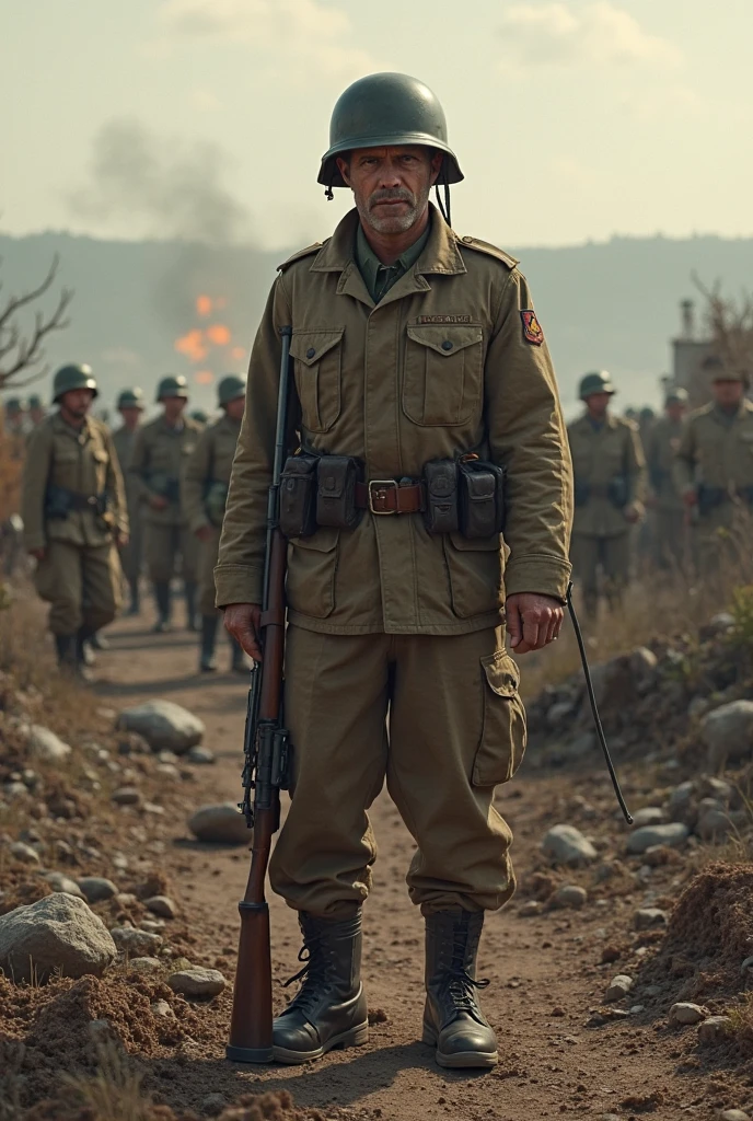 "Generates a dramatic image of a surprise attack during the Korean War in 1950. The scene shows Süleyman Dilbirliği, A Turkish soldier in military uniform of the period, in the midst of the chaos of war. He is desperately trying to maintain control while the environment around him is filled with explosions., smoke and debris. In the background, You can see Ayla, a Korean girl about 7 years old, being evacuated by other soldiers or on a stretcher. The image must capture the anguish and desperation of separation, with expressions of concern and sadness on the faces of Süleyman and Ayla. The atmosphere must reflect the devastation of war, with a desolate landscape full of smoke, rubble and destruction."