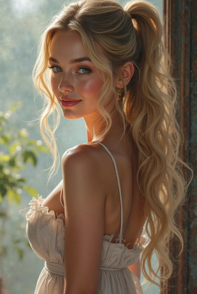 Realistic full body photo of a smiling blonde young girl with long hair, ponytail hairstyle, She dances in front of the camera in a long A-line wedding dress with straps made of shiny satin., Park,glamour fotoshooting, Wedding celebration, perfect anatomy, perfect blue eyes. Perfect hands with 5 fingers on each hand, Matching girl, look into the camera, 1 Frau. (Eye make up:1.1), (highly detailed skin:1.1), spirit, analog style, keen focus, 8K UHD, dslr, good quality, Fujifilm XT3, Grain, Award-winning, masterpiece. Wedding celebration