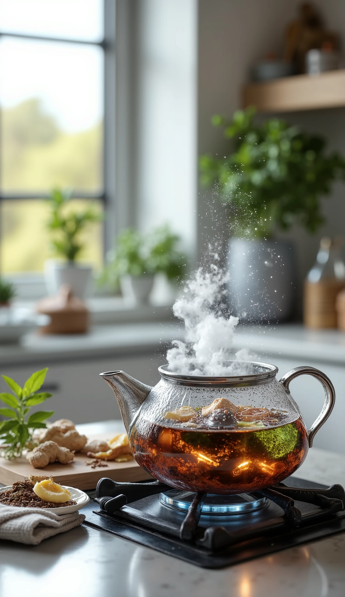 Create a cozy and visually appealing scene that represents the moment of preparing a tea decoction. The scene must include :
A sturdy teapot (preferably in metal or thick ceramic), placed on a stove, with steam coming out slightly, indicating that the decoction is in progress. Inside the teapot, mostre roots, peels or seeds (Like ginger , cinnamon or fennel seeds) being boiled.
Ingredients next to: a small dish cutting board with pieces of fresh ginger, cinnamon peels or cardamom seeds, showing the elements being used in the decoction.
A classic or modern stove, clean and well maintained , with details that complement the aesthetics of the scene.
Decorative herbs or flowers: Mint Leaves , rosemary branches or dried flowers arranged in an organized way around the teapot, to add a natural and decorative touch.
Cozy background : a well-lit kitchen, with soft and light tones (as white, beige or pastel ), conveying a sense of organization and harmony.
Additional Details: a clean kitchen towel folded to the side, or a wooden spoon next to the teapot, to give a homely and inviting touch.
Style: realistic and highly detailed, focusing on the beauty of the moment of preparing the decoction. The scene should convey calm, organization and an aesthetically pleasing visual, highlighting the natural elements (roots, peels or seeds) and the cozy atmosphere of the kitchen.