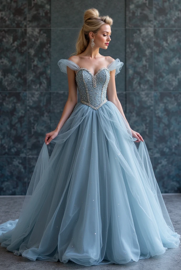 Create a stunning image of a woman wearing a luxurious evening dress. The dress should be a perfect blend of elegance and sophistication, flowing gracefully to the floor with a slight train. It should feature a deep, rich color like midnight blue or emerald green, with delicate embroidery or beading that catches the light. The bodice should be form-fitting, accentuating her silhouette, with an off-the-shoulder or sweetheart neckline to add a touch of romance. The fabric should be high-quality, such as silk or satin, with a subtle sheen that gives the dress a glamorous look. She should be standing in a beautifully lit room, perhaps a grand ballroom or a lavish hall, with soft lighting that highlights the intricate details of the dress, colorful dress